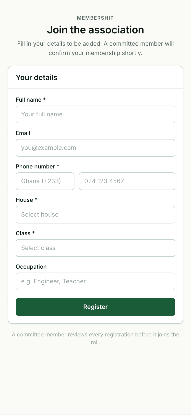 Registration on a phone