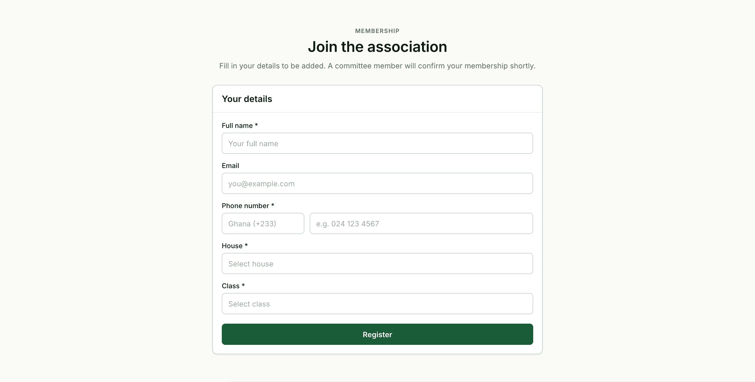 Member registration, reviewed by the committee before approval