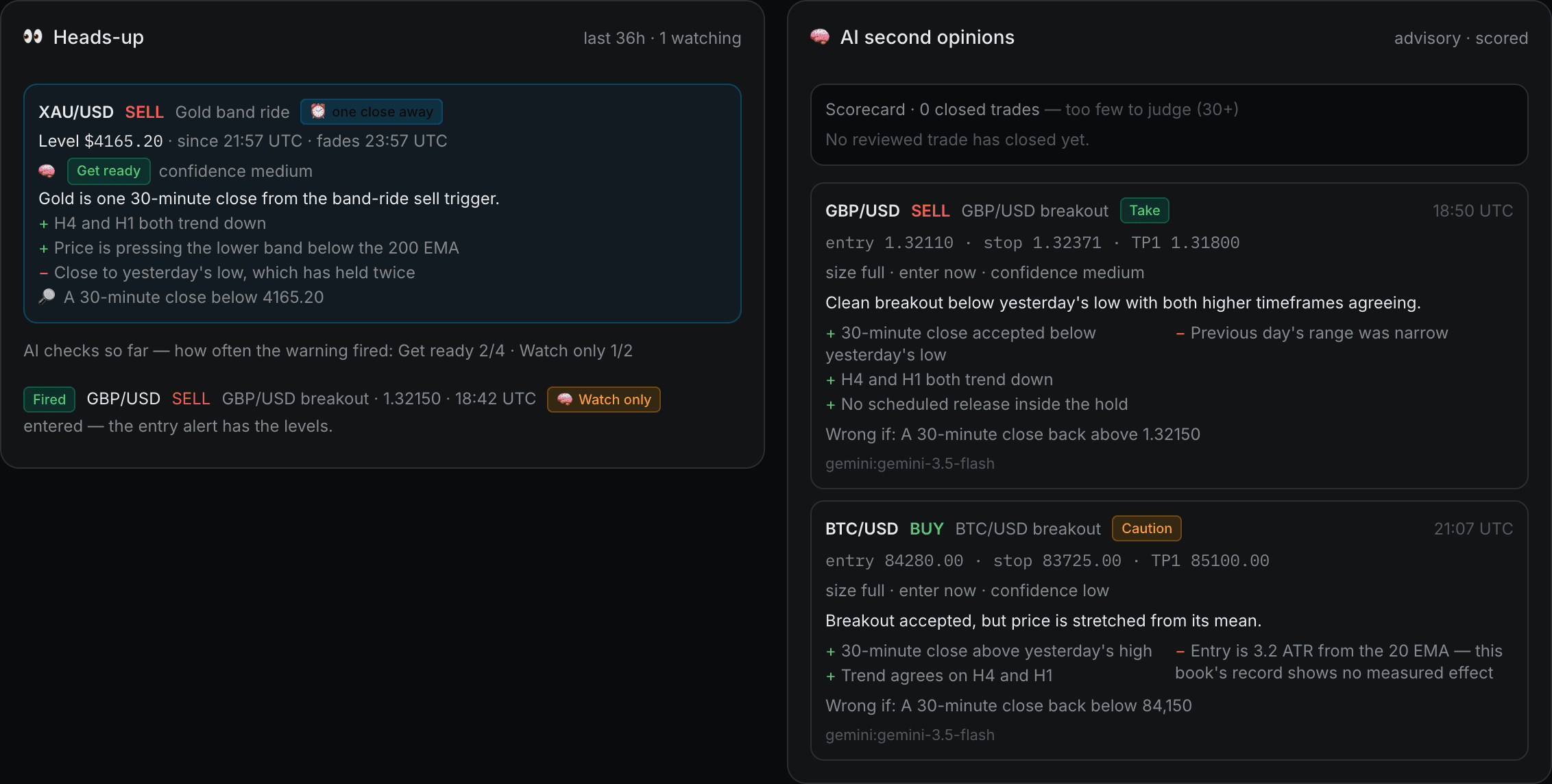 Setup warnings and the AI's second opinion on each entry, with reasons for and against (sample data)